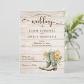 Rustic Cowboy Boots on Wood Wedding Invitation Kaart (Staand voorkant)