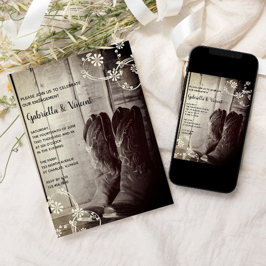 Rustic Cowboy Boots Ranch Floral Engagement Party Kaart