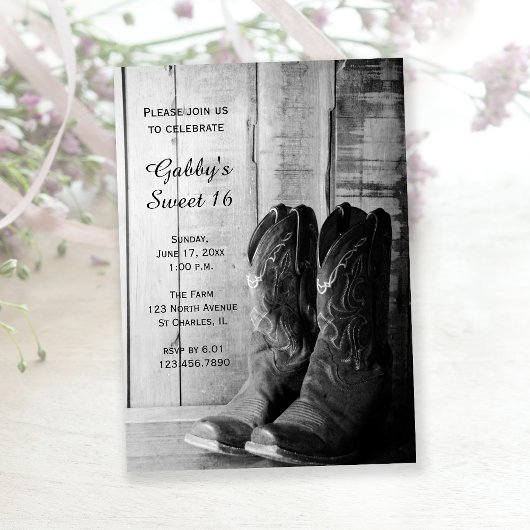 Rustic Cowboy Boots Sweet 16 Barn Birthday Party Kaart