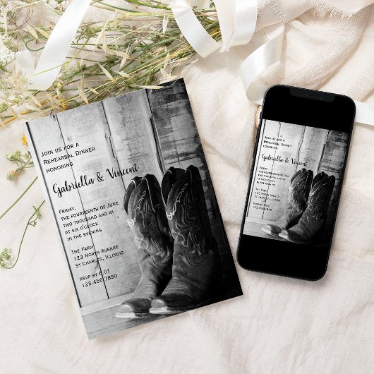 Rustic Cowboy Boots Wedding Rehearsal Dinner Kaart