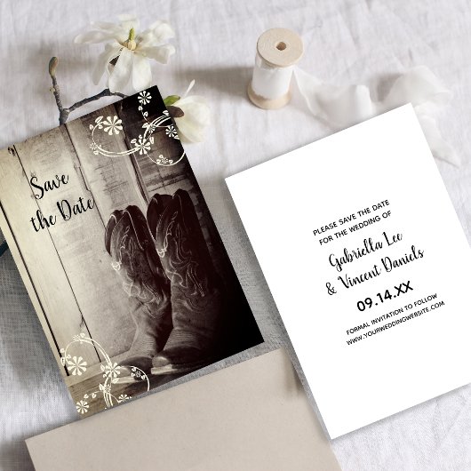 Rustic Cowboy Boots Western Wedding Save the Date Kaart