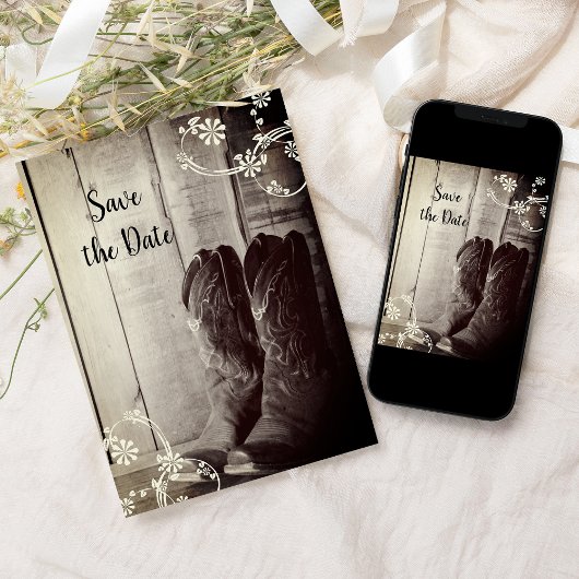 Rustic Cowboy Boots Western Wedding Save the Date Kaart