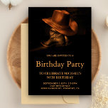 Rustic Cowboy Pet en Boots Birthday Party Kaart<br><div class="desc">Verrijk je gasten van deze westerne themadag met een mooi cowboy pet en laarzen met moderne typografie tegen een zwarte achtergrond. Voeg eenvoudig uw gebeurtenisdetails op deze makkelijk te gebruiken sjabloon toe om het één-van-een-soort uitnodiging te maken.</div>