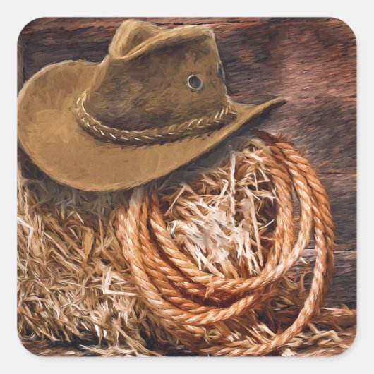 Rustic Cowboy Pet Rope Hay Foto Vierkante Sticker (Voorkant)
