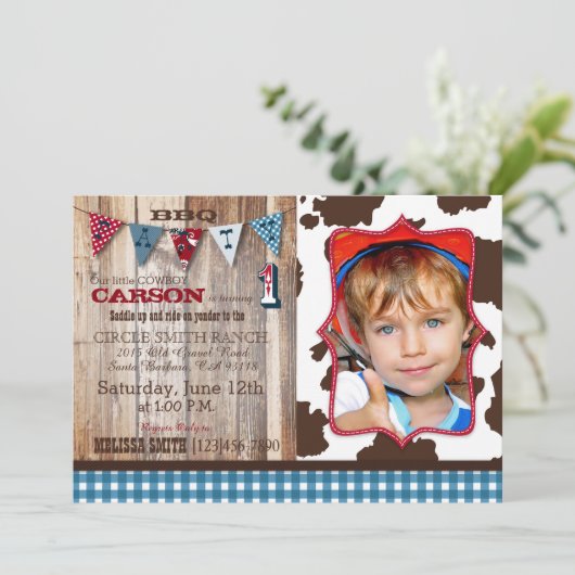 Rustic Cowboy Western Theme Birthday Invitations Kaart (Staand voorkant)