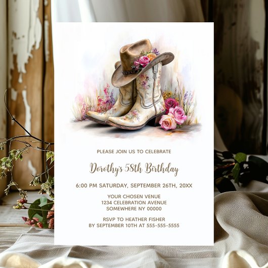 Rustic Cowgirl Boots and Hat Birthday Party Kaart
