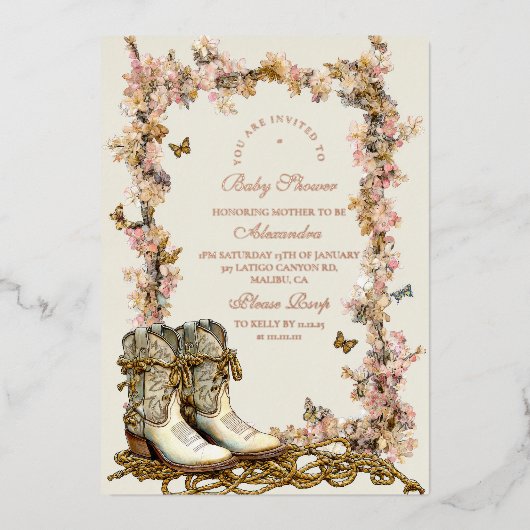 Rustic Cowgirl Boots Baby shower Folie Uitnodiging (Voorkant)