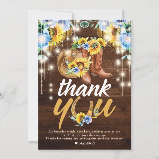 Rustic Cowgirl Boots Floral String Lights Bedankkaart (Voorkant)