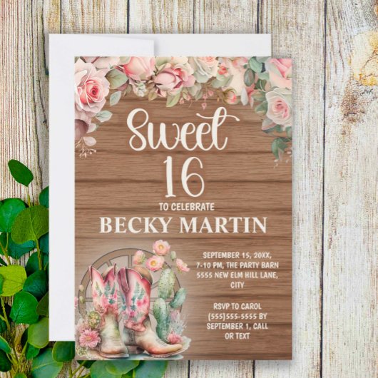 Rustic Cowgirl Boots Pink Roses Sweet 16 Kaart