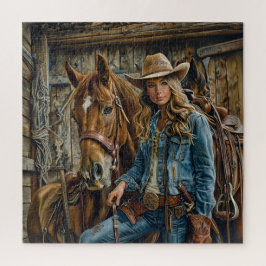Rustic Cowgirl in Denim with Horse Western Barn Legpuzzel