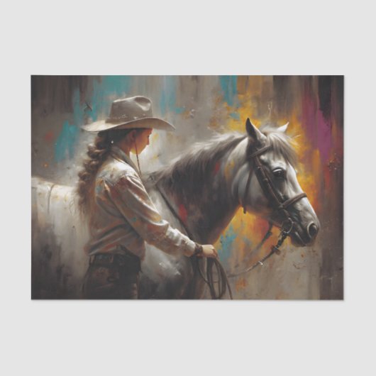 Rustic Cowgirl with White Horse Decoupage Tissuepapier (Voorkant)