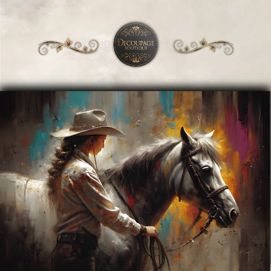 Rustic Cowgirl with White Horse Decoupage Tissuepapier