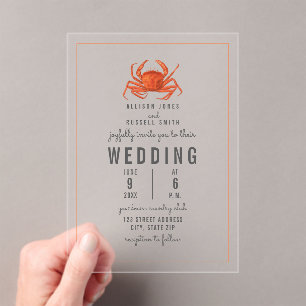 Rustic Crab Coastal Beach Wedding Acryl Uitnodigingen