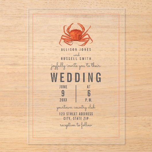 Rustic Crab Coastal Beach Wedding Acryl Uitnodigingen (Voorkant)