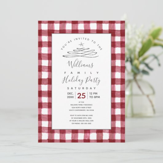 Rustic Cranberry Gingham Holiday Uitnodiging (Staand voorkant)