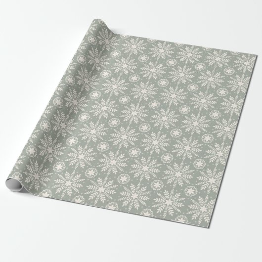 Rustic Cream and Sage Snowflake Christmas Cadeaupapier (Uitgerold)