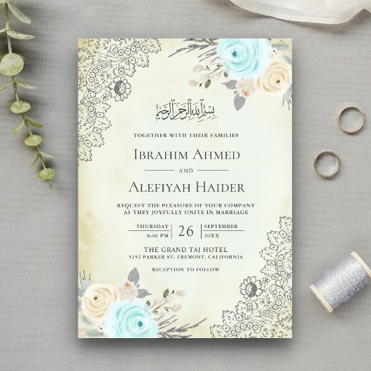 Rustic Cream Mint Green Floral Lace Muslim Wedding Kaart
