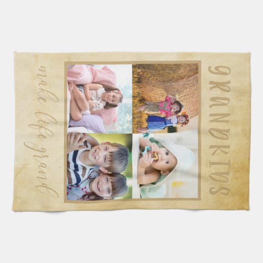 Rustic Cream Photo Collage voor grootouders Theedoek (Horizontaal)