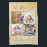 Rustic Cream Photo Collage voor grootouders Theedoek<br><div class="desc">Rustic crème keukenhanddoeken met je eigen aangepaste fotocollage. De formulering luidt: "kleinkinderen maken het leven groots" en de sjabloon is klaar om vier foto's van de kleinkinderen toe te voegen. Neutrale stijl, om elk keukendecor aan te passen van landschapshuis tot modern en een geweldig cadeau voor grootouders. Blader alsjeblieft naar...</div>
