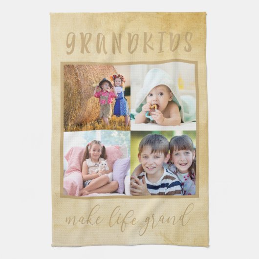 Rustic Cream Photo Collage voor grootouders Theedoek (Verticaal)