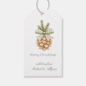 Rustic Cream Pine Cone Green Bow Christmas Cadeaulabel (Voorkant)