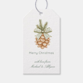 Rustic Cream Pine Cone Green Bow Christmas Cadeaulabel