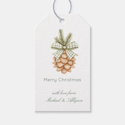 Rustic Cream Pine Cone Green Bow Christmas Cadeaulabel (Voorkant)