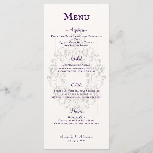 Rustic Crest Ivoor Paarse Oude Print Gotische brui Menu (Voorkant)