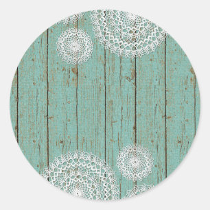 Rustic Crochet Doilies on Turquoise Farmhouse Wood Ronde Sticker