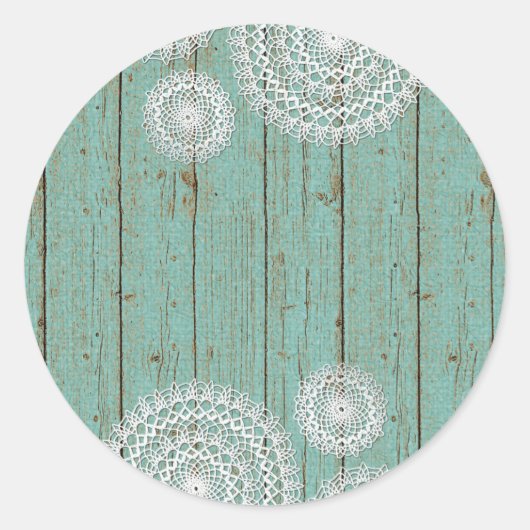 Rustic Crochet Doilies on Turquoise Farmhouse Wood Ronde Sticker (Voorkant)