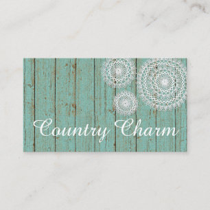 Rustic Crochet Doilies on Turquoise Farmhouse Wood Visitekaartje