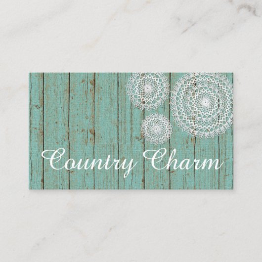 Rustic Crochet Doilies on Turquoise Farmhouse Wood Visitekaartje (Voorkant)