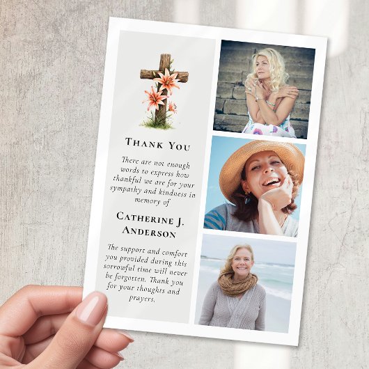 Rustic Cross Lillies 3 foto sympathie begrafenis Bedankkaart