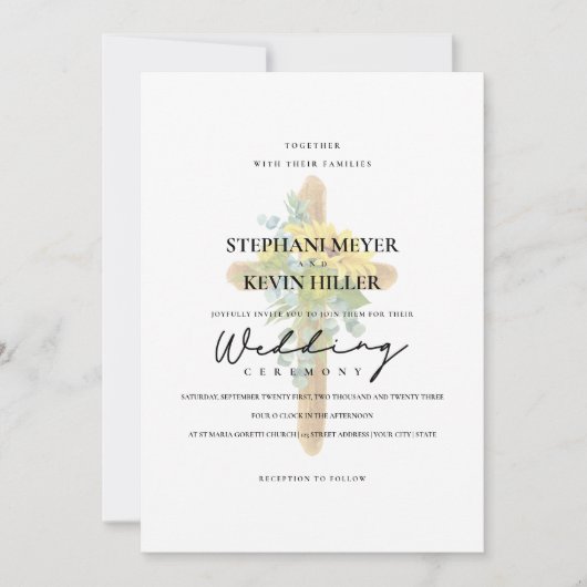 Rustic Cross Zonnebloemen & Eucalyptus Witte Huwel Kaart (Voorkant)