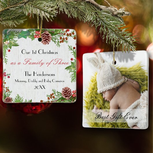 Rustic Custom Photo Family van 3 1st Xmas Newborn Keramisch Ornament