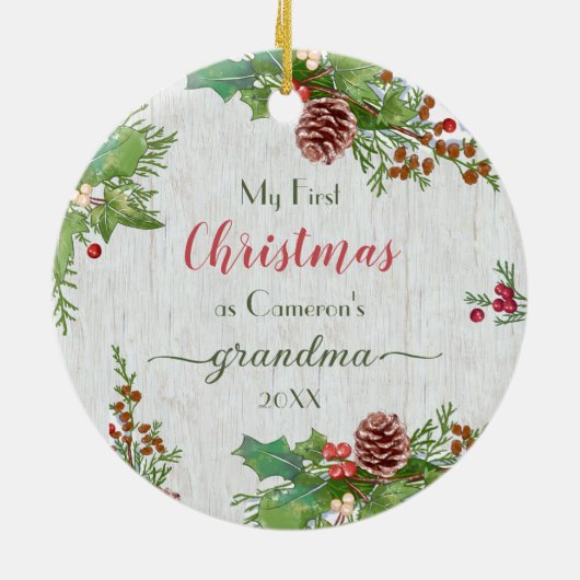 Rustic Custom Photo New Grandma 1st Kerstmis Keramisch Ornament (Achterkant)