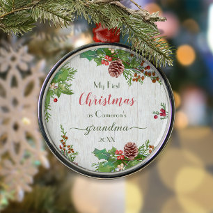 Rustic Custom Photo New Grandma 1st Kerstmis Metalen Ornament