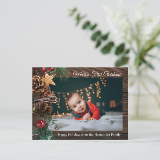 Rustic Cute Baby's First Kerstfeestdag Foto Briefkaart (Staand voorkant)