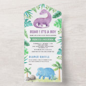Rustic Cute Blue en Paarse Dinosaur Baby shower All In One Uitnodiging (Binnen)