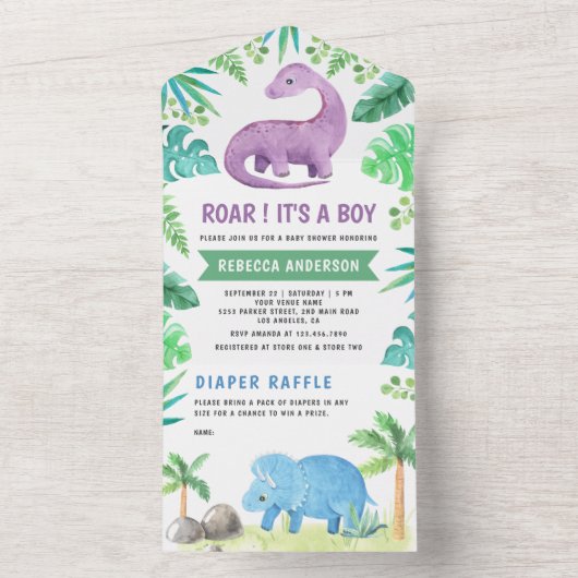 Rustic Cute Blue en Paarse Dinosaur Baby shower All In One Uitnodiging (Binnen)