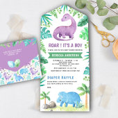 Rustic Cute Blue en Paarse Dinosaur Baby shower All In One Uitnodiging