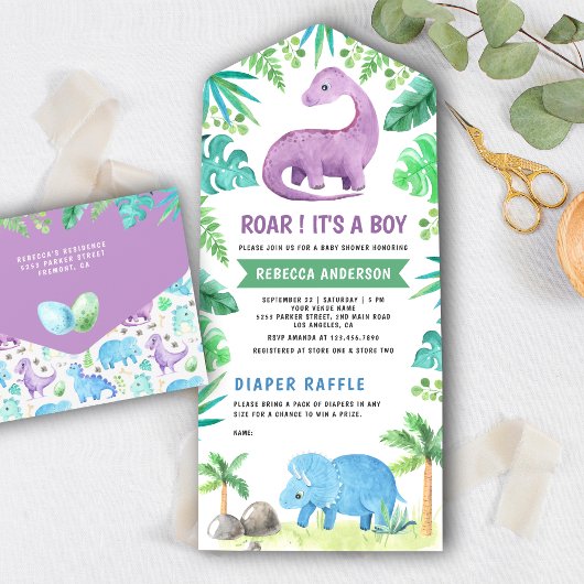 Rustic Cute Blue en Paarse Dinosaur Baby shower All In One Uitnodiging
