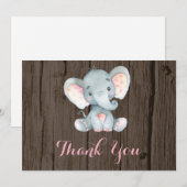 Rustic Cute Elephant Baby Girl Pink and Grey Bedankkaart (Voorkant / Achterkant)