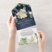 Rustic Cute Floral Dinosaur Navy Blue Baby shower All In One Uitnodiging (Afscheurbaar)