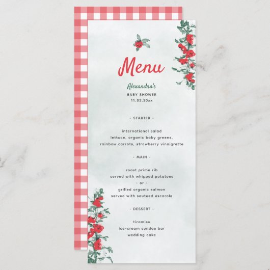 Rustic Cute Little Tomato Waterverf Baby shower Menu (Voorkant / Achterkant)