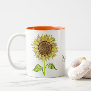 Rustic Cute Personalized Name Waterverf Sunflower Tweekleurige Koffiemok