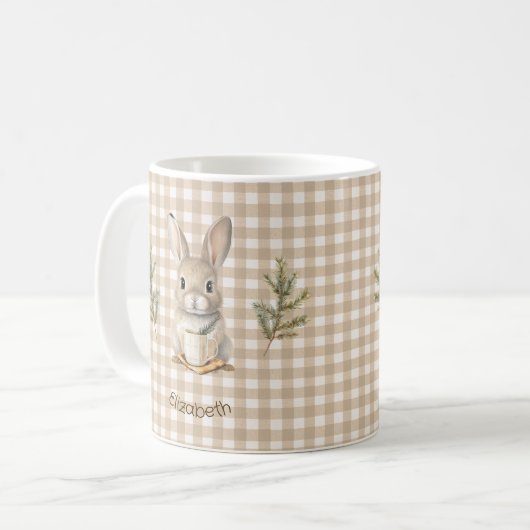 Rustic Cute Rabbit Brown Gingham Personalized Koffiemok (Voorkant links)