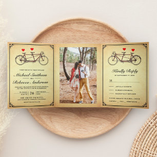 Rustic Cute Tandem Bicycle Weddenfoto Drieluik Uitnodiging