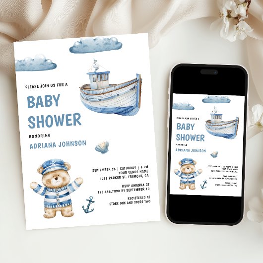 Rustic Cute Teddy Bear Nautical Boat Baby Shower Kaart
