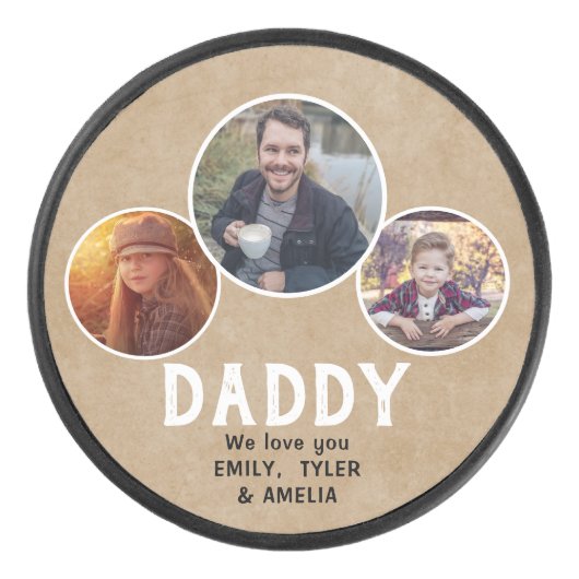 Rustic Dad we houden van je 3 Foto's Father Day Hockey Puck (Voorkant)
